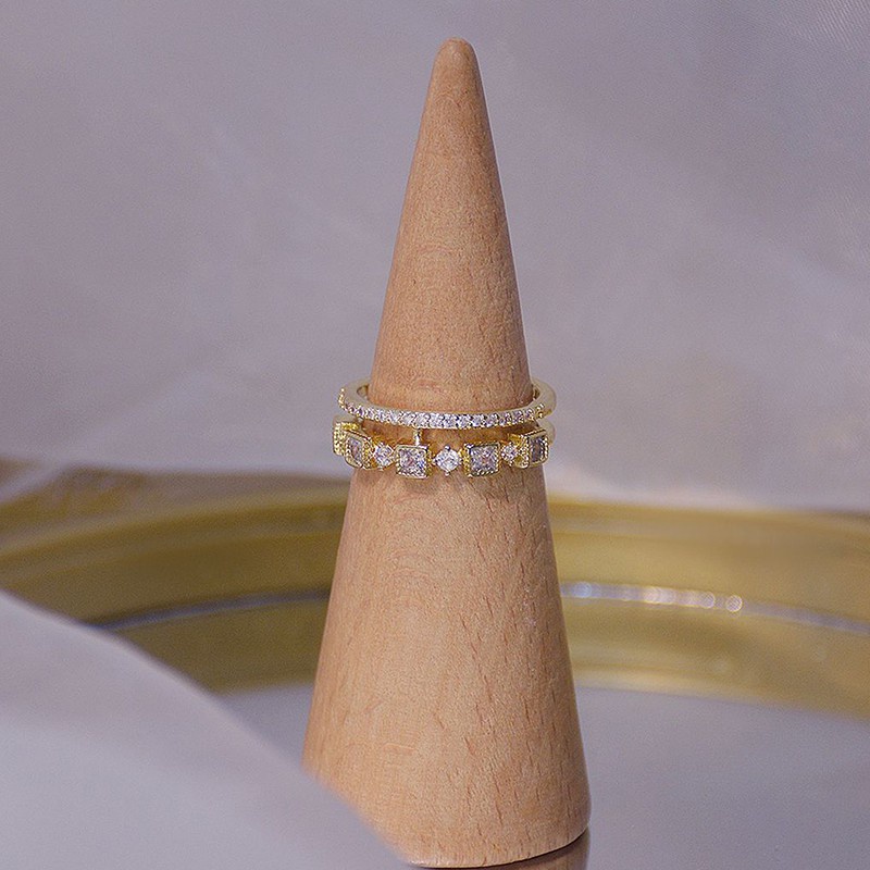 Nhẫn hở hai lớp mạ vàng thật 14k đính đá zircon có thể điều chỉnh cho nữ