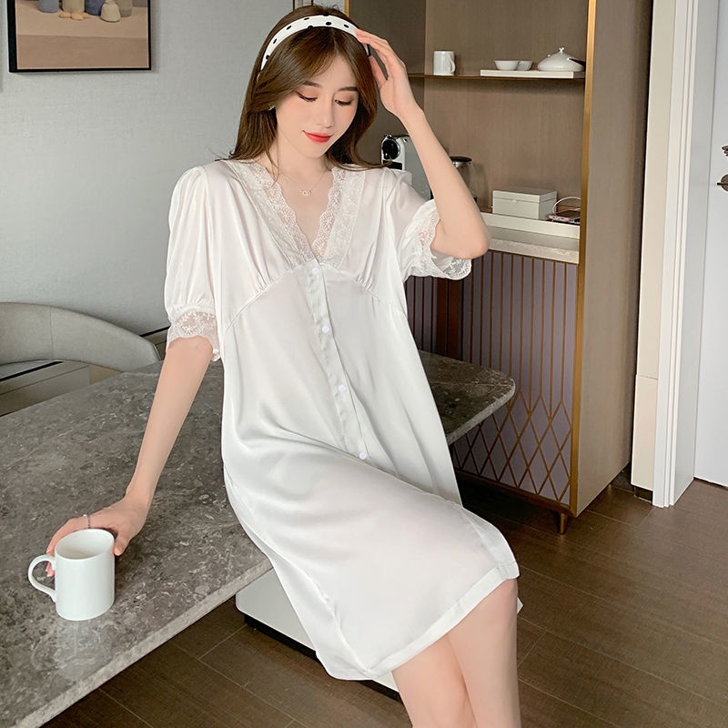 Đầm ngủ tay ngắn chất lụa màu trơn phong cách Hàn Quốc dễ thương thời trang mùa hè cho nữ