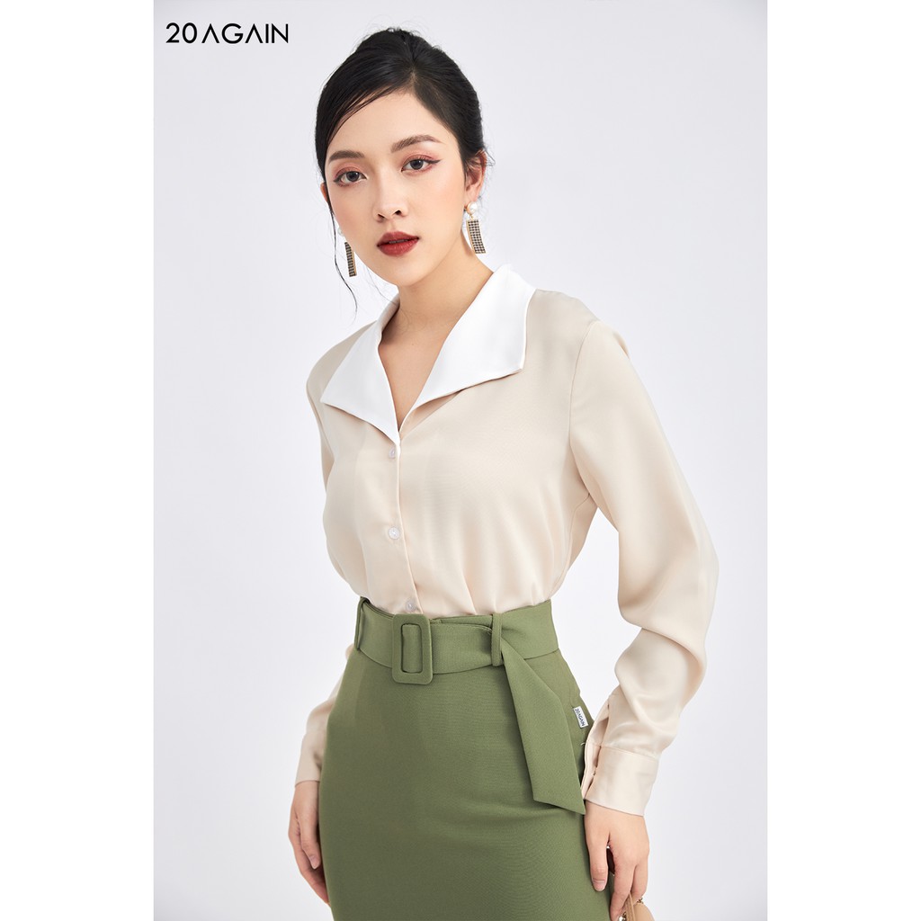 Áo sơ mi nữ công sở dài tay phối lá cổ 20AGAIN ASA0949