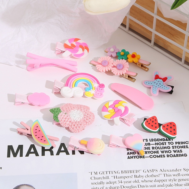 Set 14 Kẹp Tóc Hình Trái Cây / Hoa / Bướm / Trái Cây / Cầu Vồng Bằng Nhựa Resin Thời Trang Cho Nữ