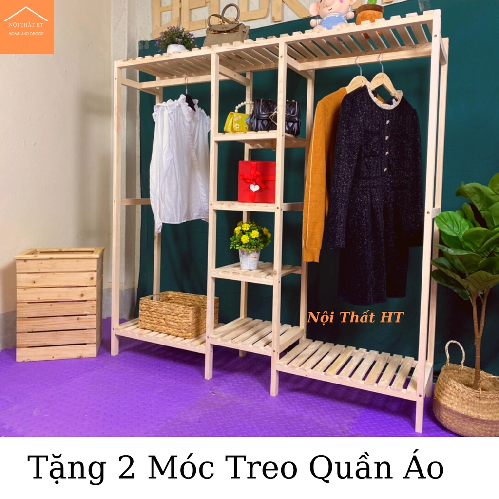 Kệ Treo Quần Áo Gỗ,Tủ Treo Quần Áo 3 Khoang Đa Năng Gỗ Thông Nhập Khẩu, Tặng Kệ Treo Tường - Nội Thất HT