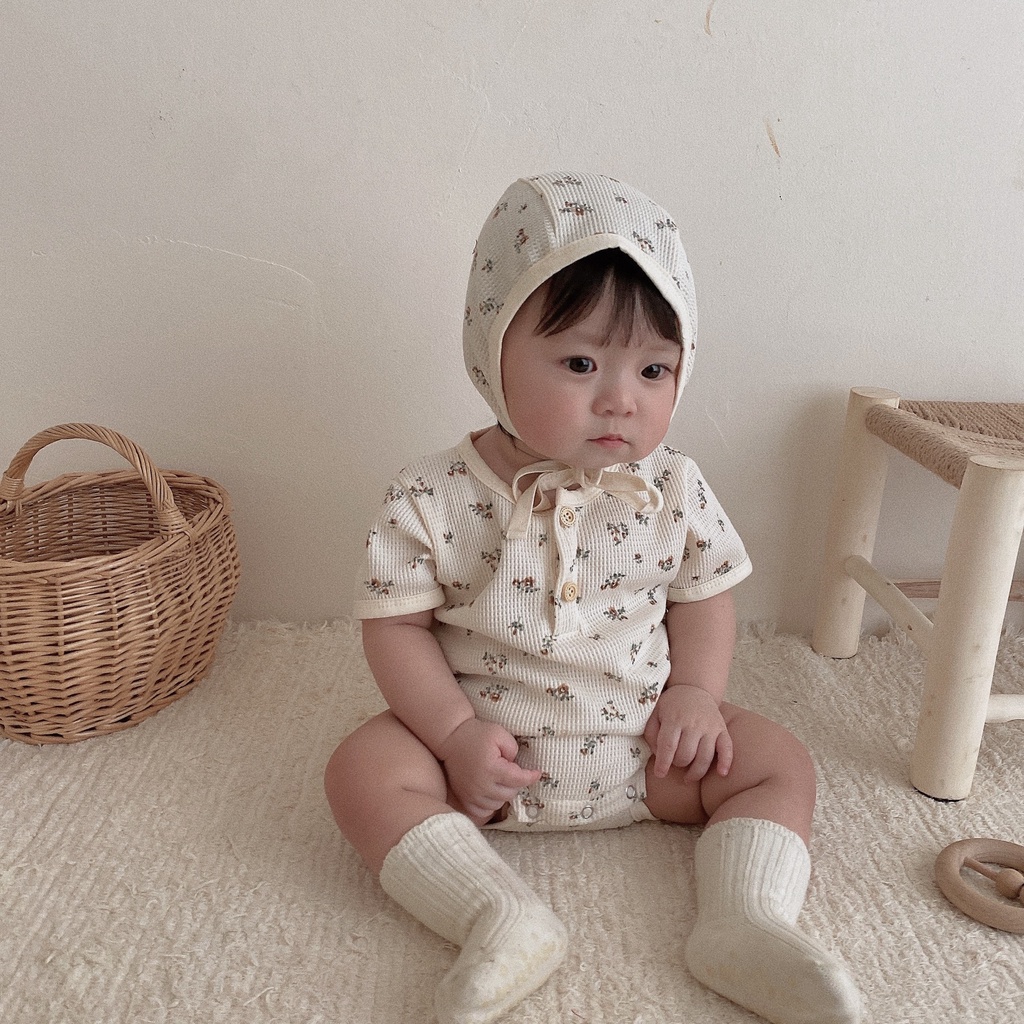 Bộ Áo Liền Quần Kèm 1 Nón Họa Tiết Hoa Dễ Thương Thời Trang Mùa Hè Cho Bé Sơ Sinh