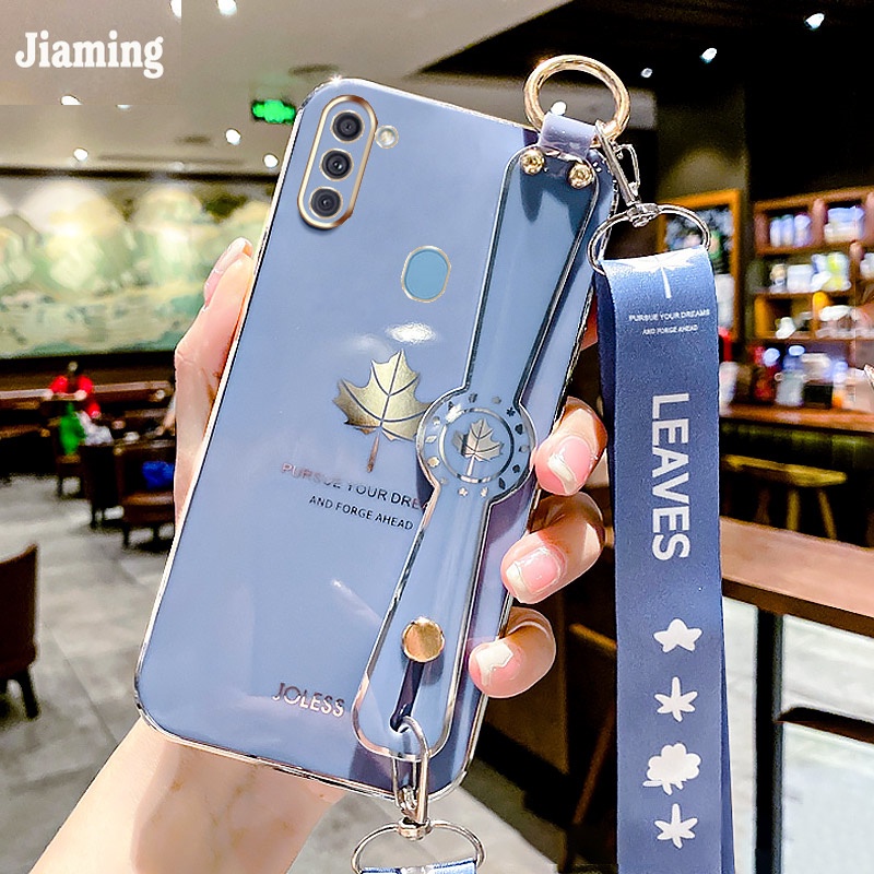 Ốp Điện Thoại Viền Lá Phong Mạ Điện Sang Trọng + Dây Đeo Cổ Tay Cho Samsung Galaxy A11 M11