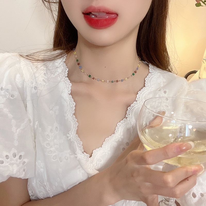 Vòng Cổ Đính Đá Pha Lê Nhiều Màu Sắc Phong Cách Thời Trang Đơn Giản