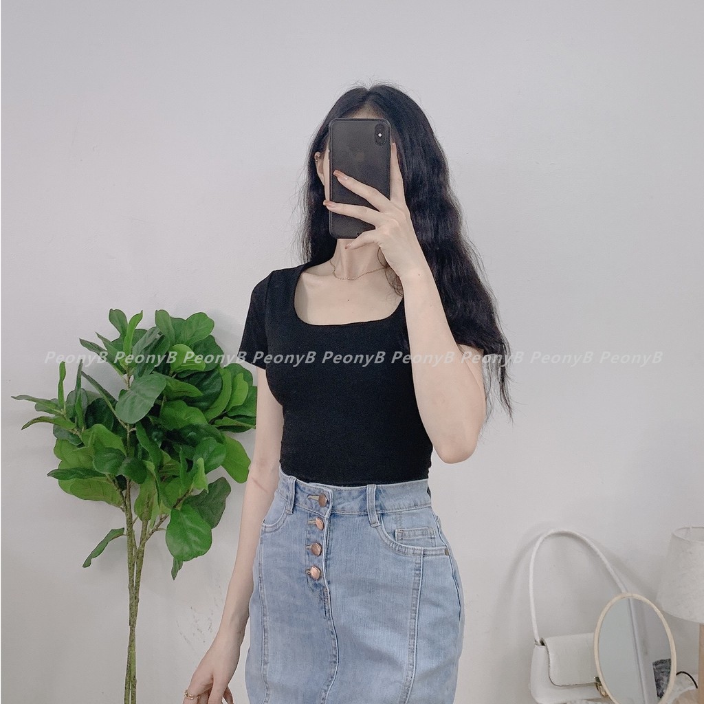 Áo thun croptop cổ vuông cộc tay nữ - Phông tay lỡ dáng ngắn ôm body sexy ulzzang SIÊU HOT