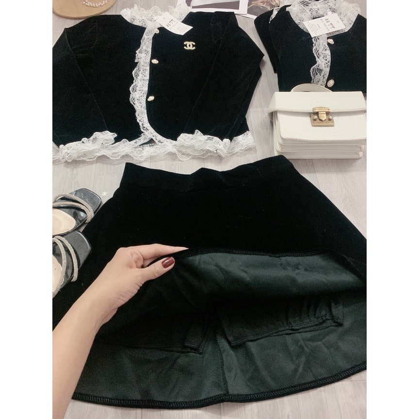 ét váy nhung ren sang chảnh Chất nhung QC L1 dày mịn Chạy viền ren đóng cúc ngọc siêu sang luôn Chân váy có quần trong n
