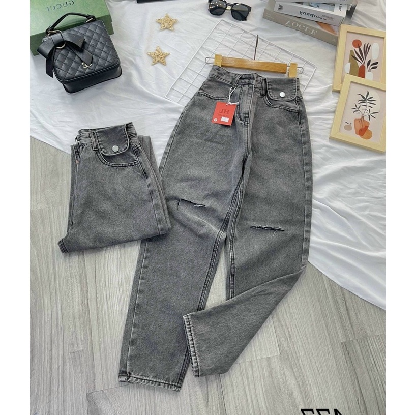 Quần baggy jean cạp cao rách gối nhẹ - Quần bò nữ chuẩn fom - chất jean mềm không dãn - Jeans Fashion93