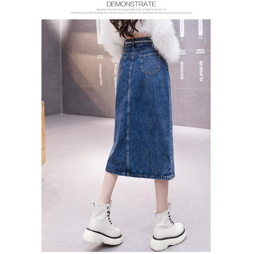 [TẶNG KÈM THẮT LƯNG] Chân váy jean ngang gối 08 phối dây xích lưng cá tính C101 Cỏ Boutique