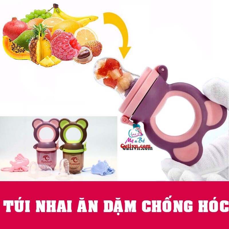 Túi Nhai Ăn Dặm Chống Hóc Kichii Không BPA  An Toàn Cho Bé (Có 3 Size Núm Nhai + Kẹp Xích)