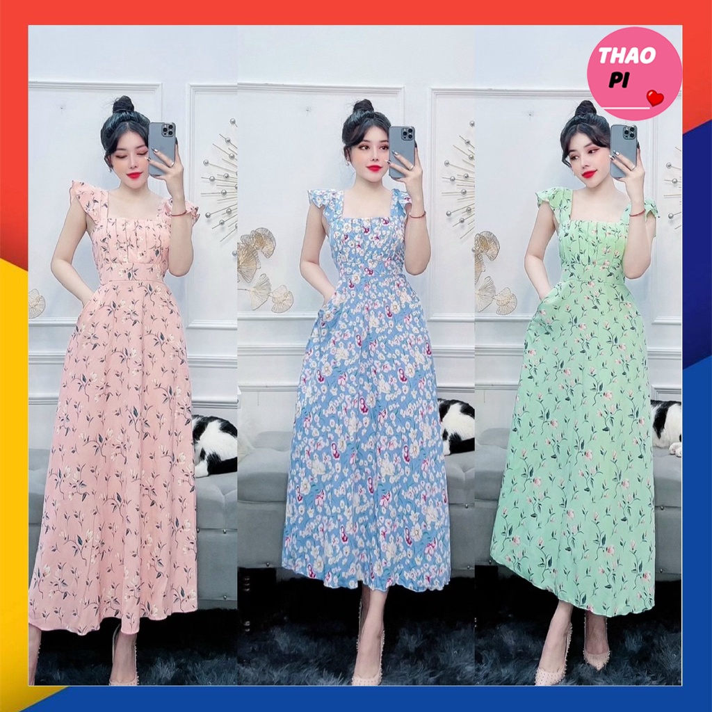 Đầm cánh tiên hoa xếp ly ngực dáng dài suông đi tiệc đi biển mặc tết siêu đẹp hình thật