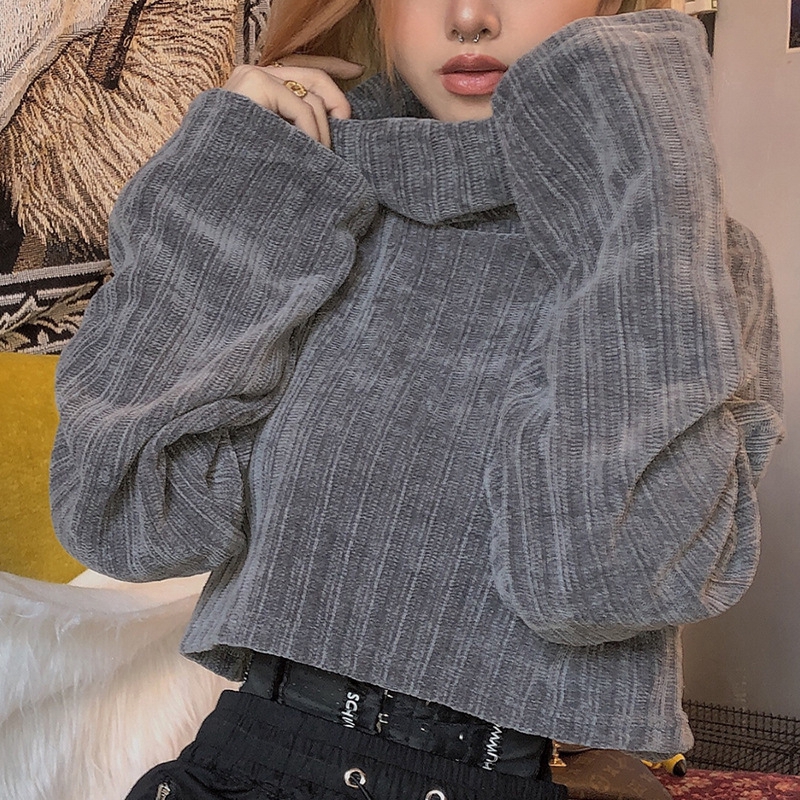 YOUYIA Fashion High Neck Loose Long Sleeve Crop Velvet Sweater Hoodie | WebRaoVat - webraovat.net.vn