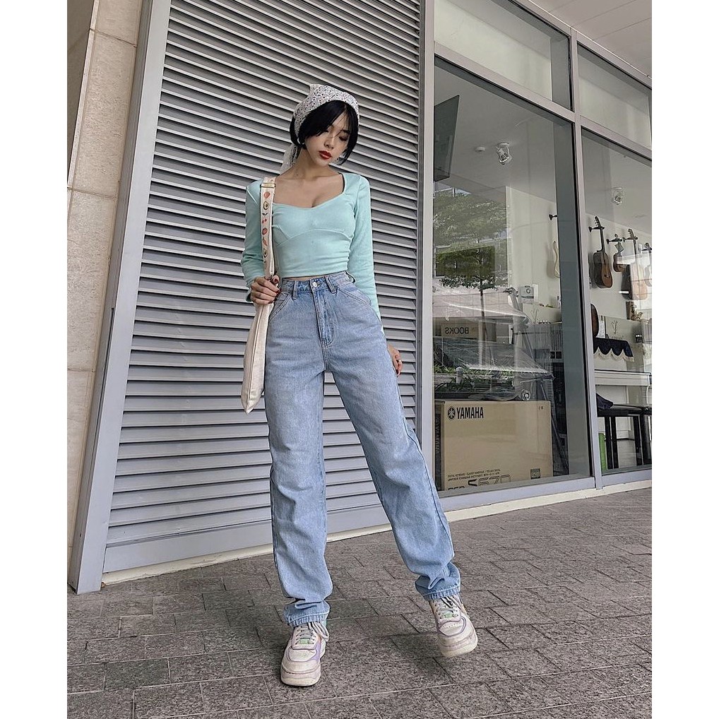 Quần jeans ống suông rộng CHICMONKI cạp cao trên rốn CMJ964