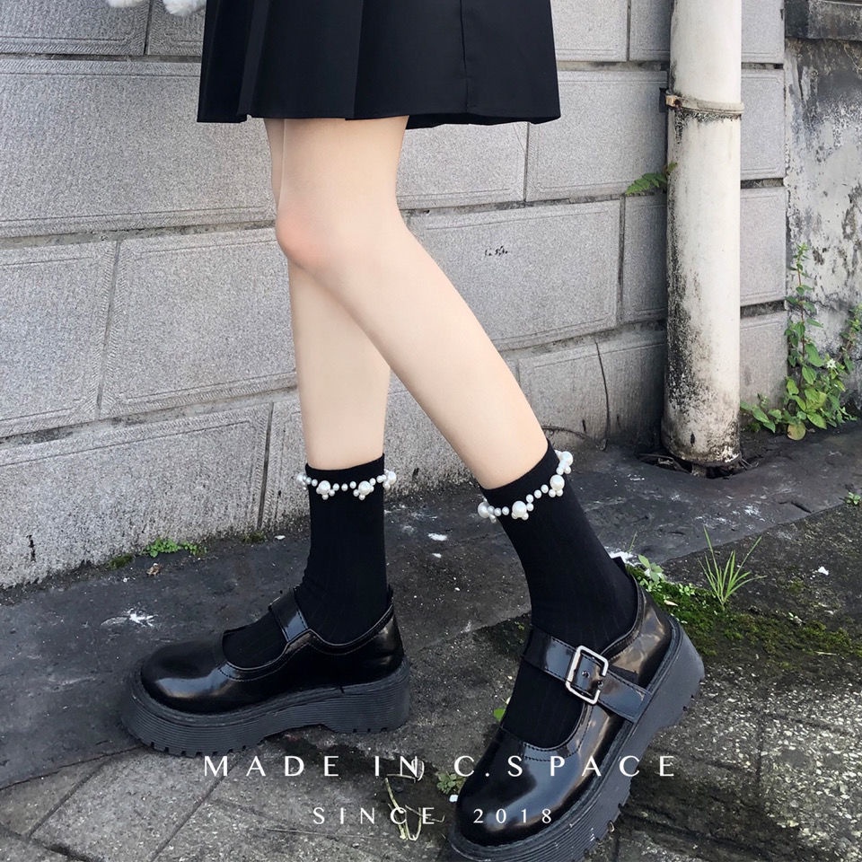 Tất ống phối ren đính ngọc trai nhân tạo kiểu Nhật dễ thương dành cho nữ