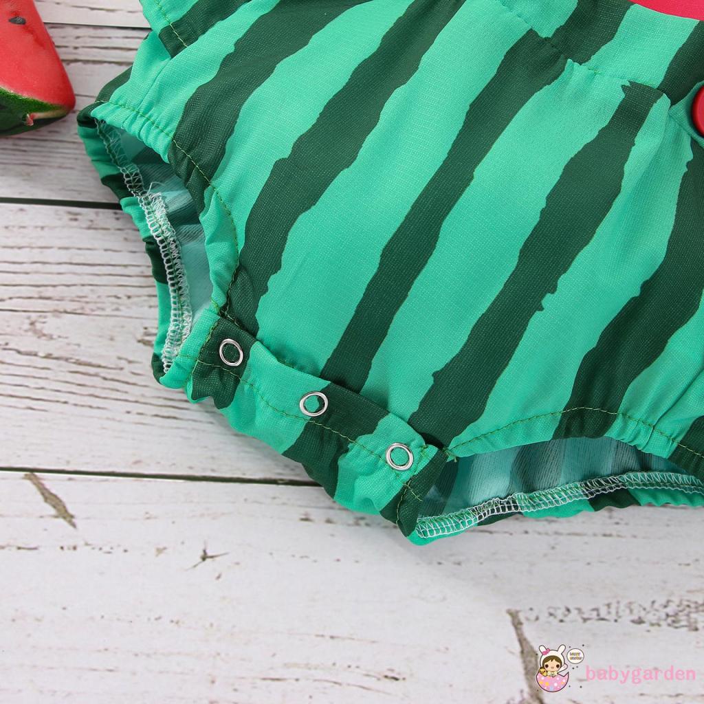 Bộ Áo Liền Quần Tay Cánh Tiên In Họa Tiết Dưa Hấu Kèm Băng Đô Xinh Xắn Cho Bé Gái 0-2 Tuổi