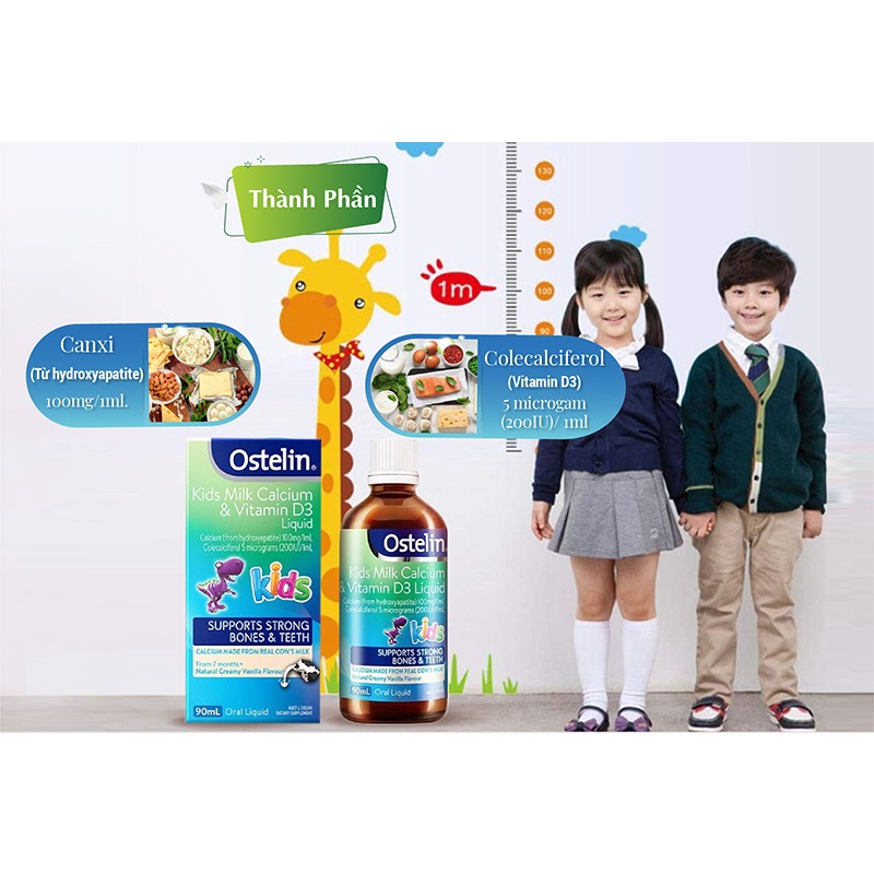 Siro Canxi trẻ em dạng Nước Kids Milk Calcium &amp; Vitamin D3 Liquid Ostelin cho bé Úc, hộp 90ml -Trung Đông Pharmacy