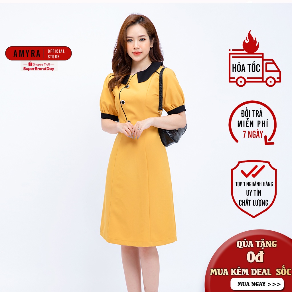 Đầm thiết kế cao cấp công sở AMYRA dáng chữ A trung niên phối đính nút cổ bèo Da153