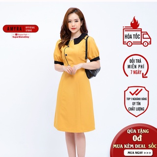 Váy dự tiệc trung niên sang trọng AMYRA, thiết kế dáng chữ a dự tiệc phối đính nút cổ bèo tay bồng đơn giản Da153