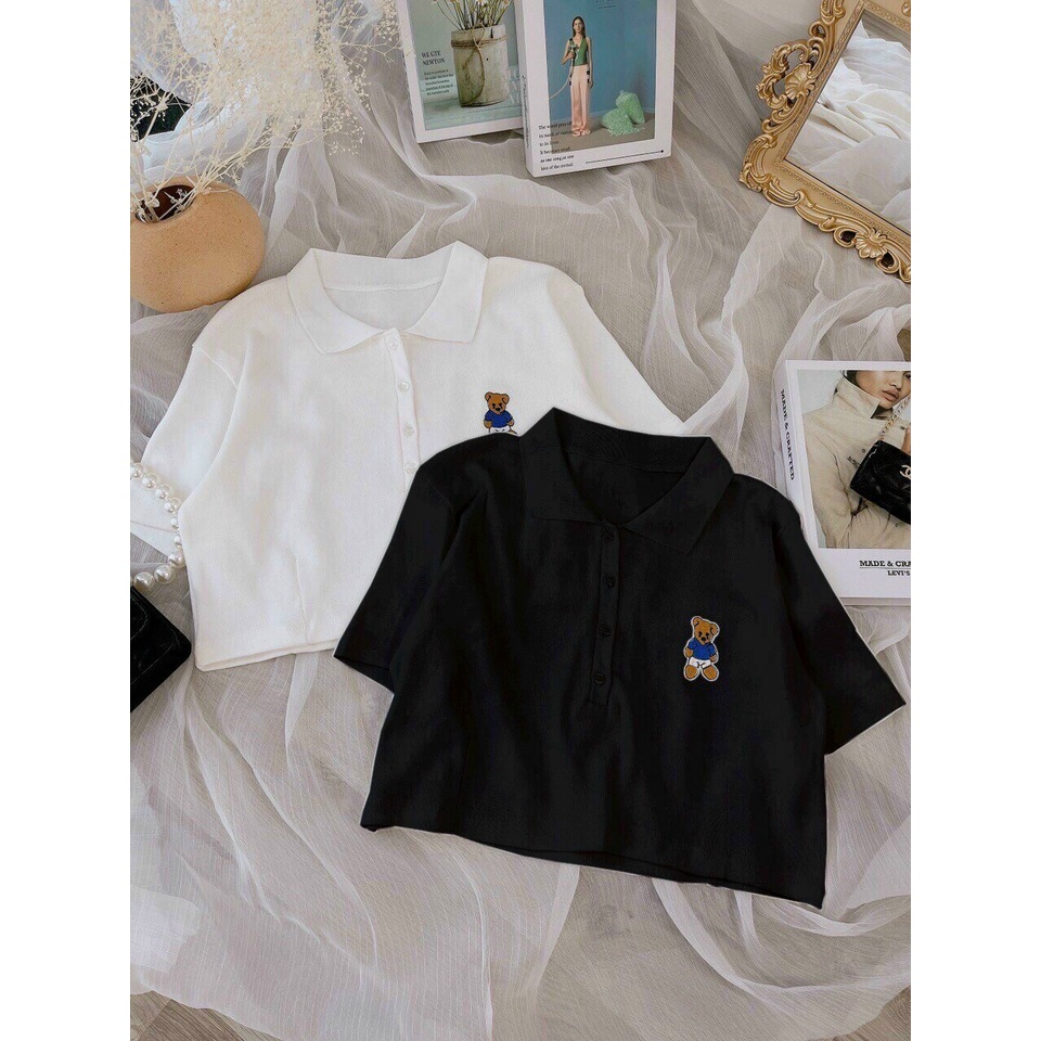 ÁO CROPTOP NỮ CỔ POLO PHỐI CON GẤU MÀU ĐEN MÀU TRẮNG SIÊU MÁT MẺ CỰC PHONG CÁCH BABO HOT HIT THỜI TRANG