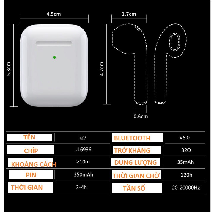 [1 đổi 1 ]Tai nghe i27 pro  định vị , thay đổi tên tai nghe , sạc không dây , tự ngắt khi tháo tai