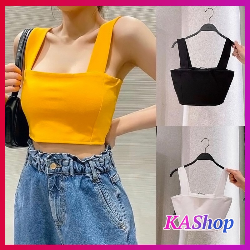 Áo croptop dây bản Da rà 3 màu chất zip
