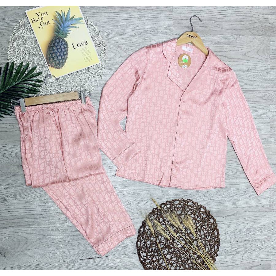 Bộ ngủ lua pijama dài tay chất satin siêu mềm mịn cao cấp màu hồng vỏ đỗ ( Ảnh chụp thật 100%)