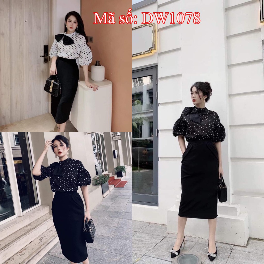 ⚡️ có big size 3XL ⚡️ DW1078 SET ÁO CHẤM BI TAY PHỒNG CHÂN VÁY BÚT CHÌ sang trọng - hàng việt nam