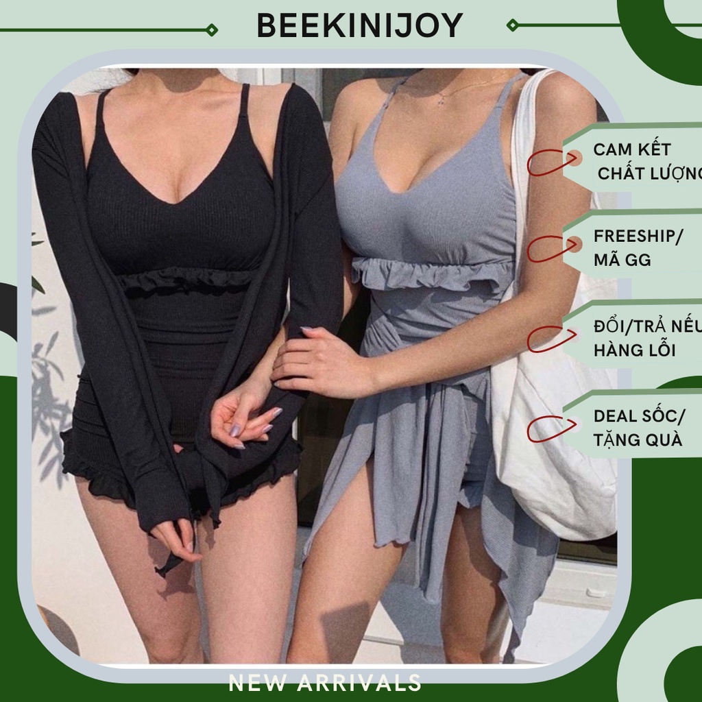 Bikini 1 mảnh❤️ FREESHIP❤️ thun gân kèm khoác hai màu đen và xám