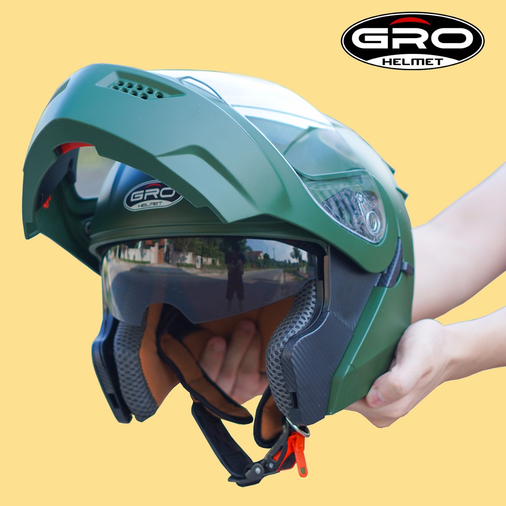 Mũ Bảo Hiểm Fullface GRO Helmet Chính hãng, thiết kế 2 kính lật hàm, khóa kim loại chắc chắn - Xanh Lục Quân