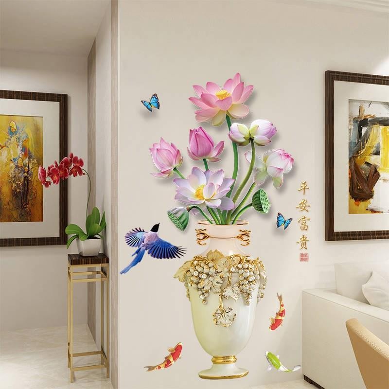 Decal dán tường hàn quốc trang trí phòng ngủ TUNG DECOR Hình Lá Hoa Sen KT 60x90cm