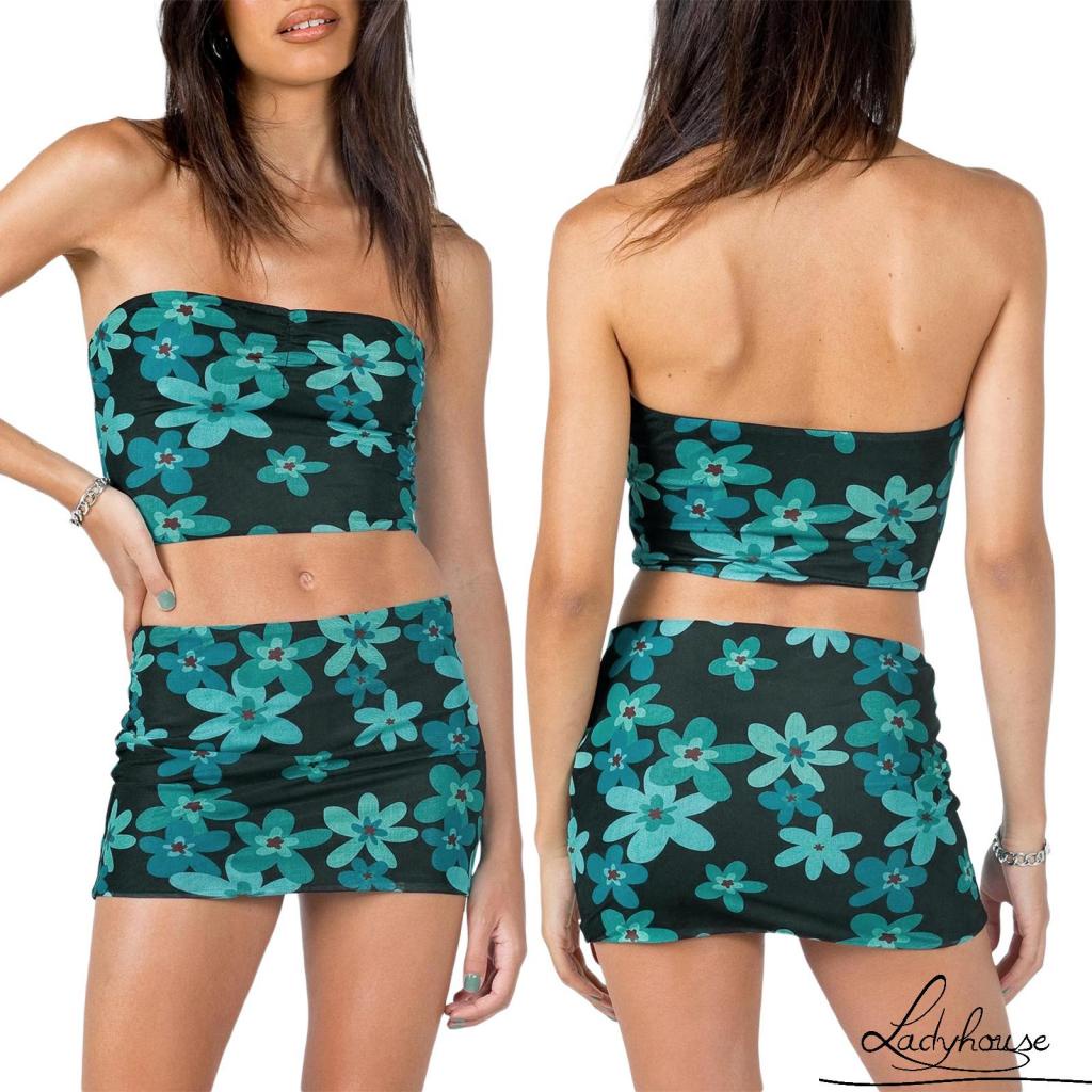 Bộ Áo Ống + Chân Váy Ngắn In Hoa Thời Trang Mùa Hè Cho Nữ