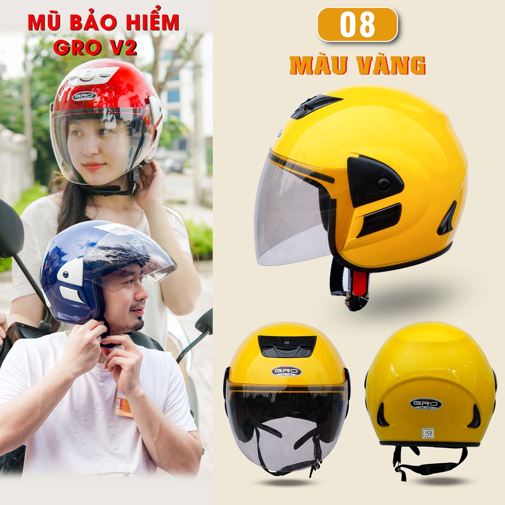 Mũ Bảo Hiểm 3/4 đầu GRO Helmet V2 có kính dài, kiểu dáng trẻ trung cho nam và nữ, khóa kim loại chắc chắn - Vàng Đậm