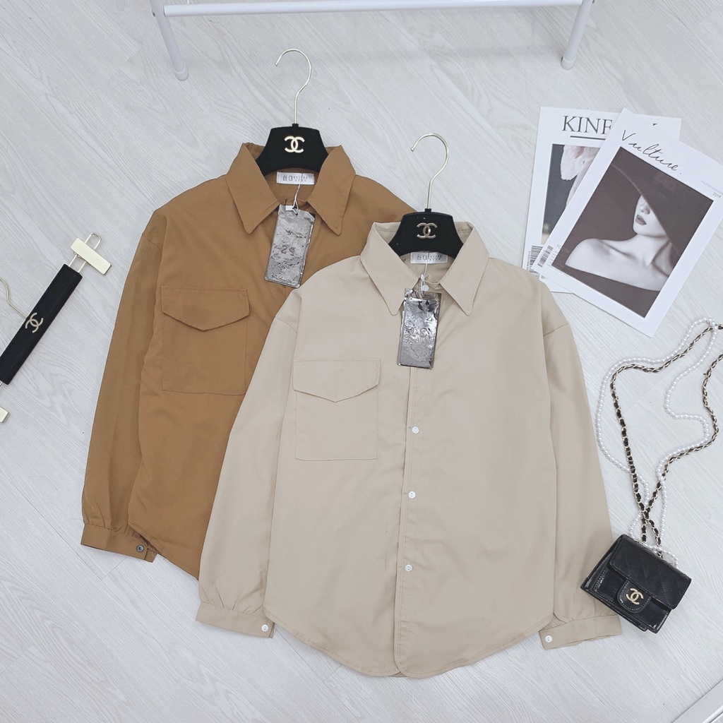 Áo sơ mi vạt bầu đuôi tôm chất thô mềm 2 màu nâu sữa áo sơ mi nữ form rộng unisex LD098