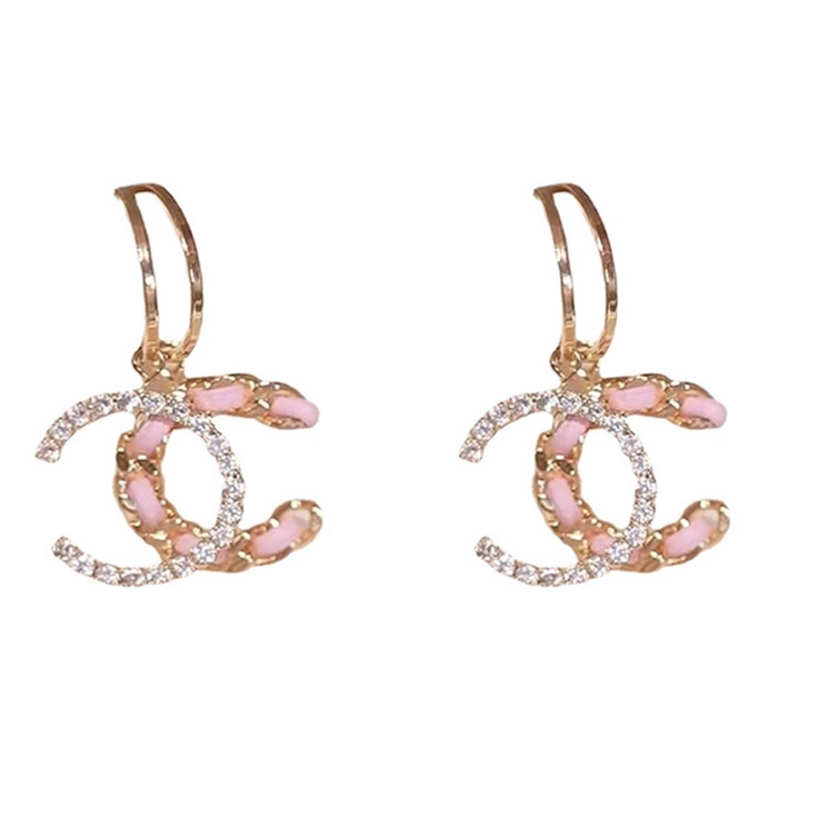 Bông Tai Mạ Bạc 925 Hình Chữ C Đính Đá Kim Cương Màu Hồng Sang Trọng Cá Tính