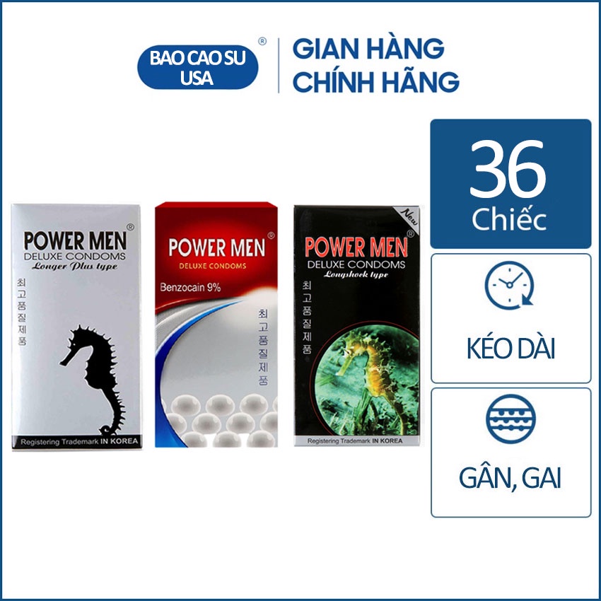 Combo 3 hộp bao cao su gân gai, kéo dài quan hệ Power Men Longer Plus,  Ngọc Trai và Long Shock Type 36 chiếc