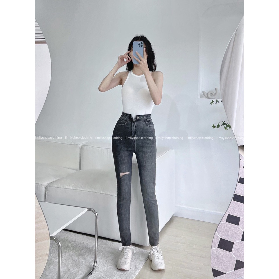 Quần jean skinny nữ dáng ôm lưng siêu cao trơn basic Emilyshop ulzzang