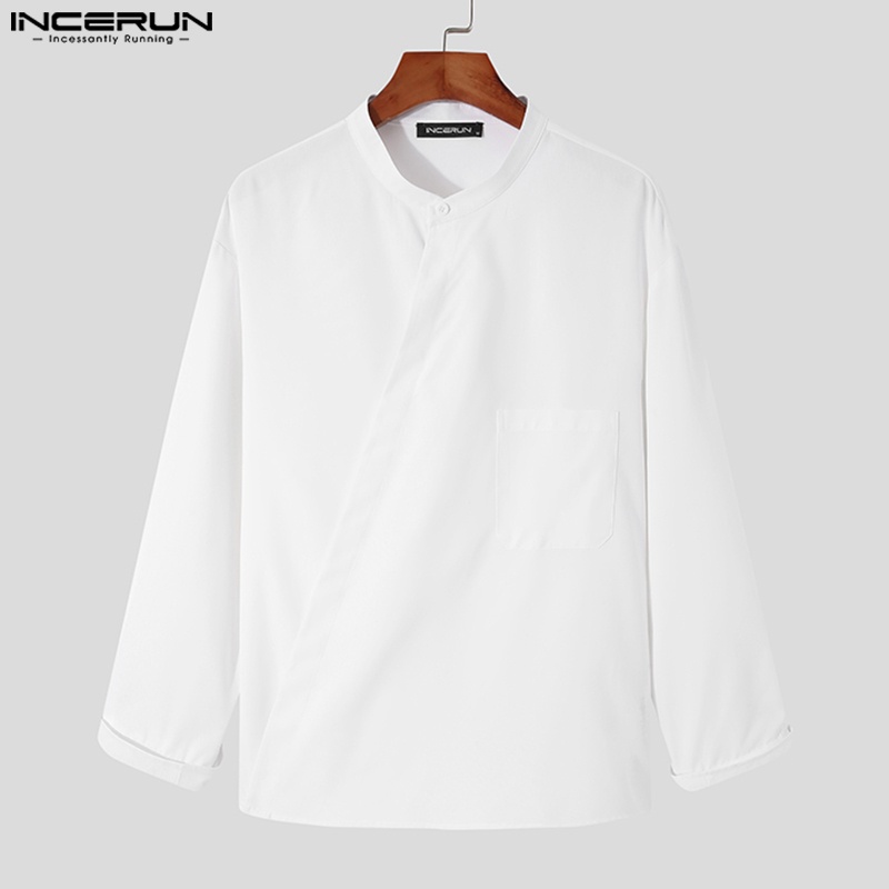 Áo sơ mi INCERUN dài tay cổ chữ V vạt bất đối xứng thời trang cho nam