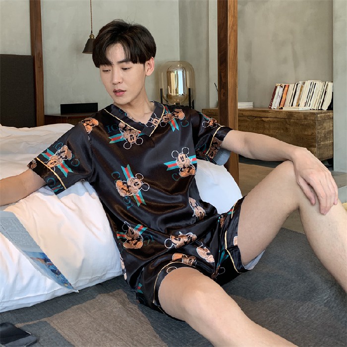 Bộ Đồ Ngủ Lụa Satin Tay Ngắn Dáng Rộng Thời Trang Hàn Quốc Cho Nam Plus Size L-7XL Mã