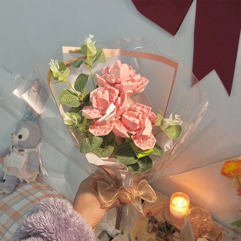 Đồ chơi lắp ráp mô hình bó hoa Hồng phấn,bộ xếp hình khối xây dựng bó hoa-jk2687