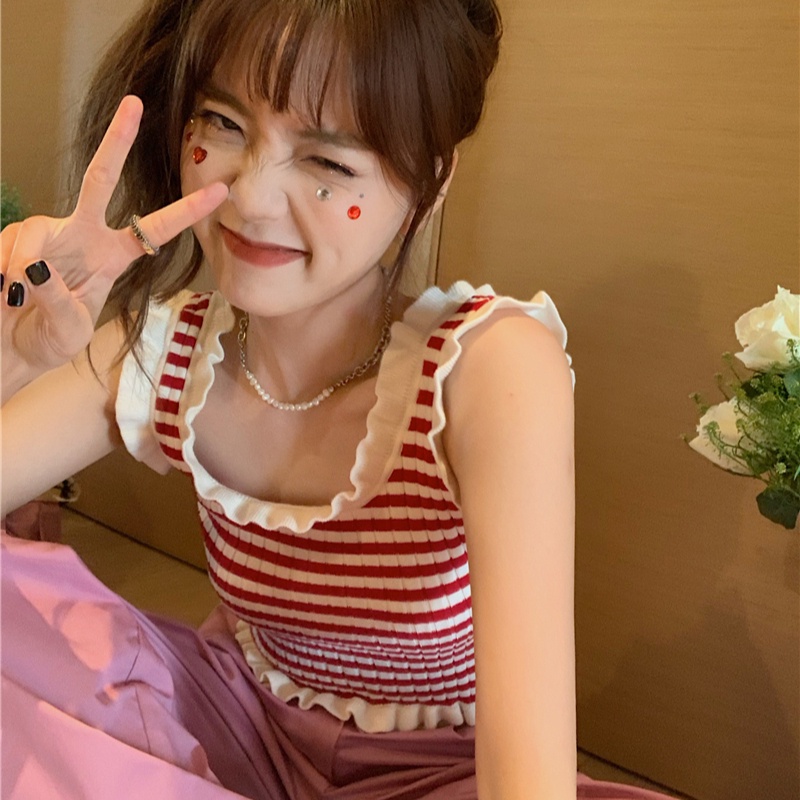 Áo Dệt Kim Hai Dây Phối Ren Họa Tiết Kẻ Sọc Màu Sắc Tương Phản Thời Trang Mùa Hè Cho Nữ