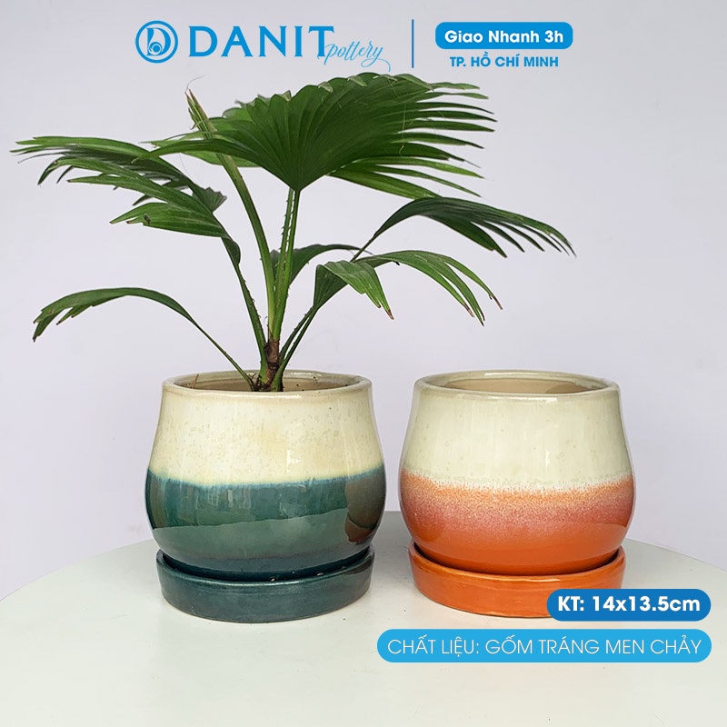 Chậu trồng cây gốm men chảy 14cm, chậu trồng cây trong nhà, chậu cây để bàn - Danit Pottery