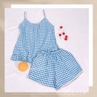 Bộ đồ nữ dễ thương pijama mặc nhà kẻ caro xinh xắn chất liệu cotton SOLITA