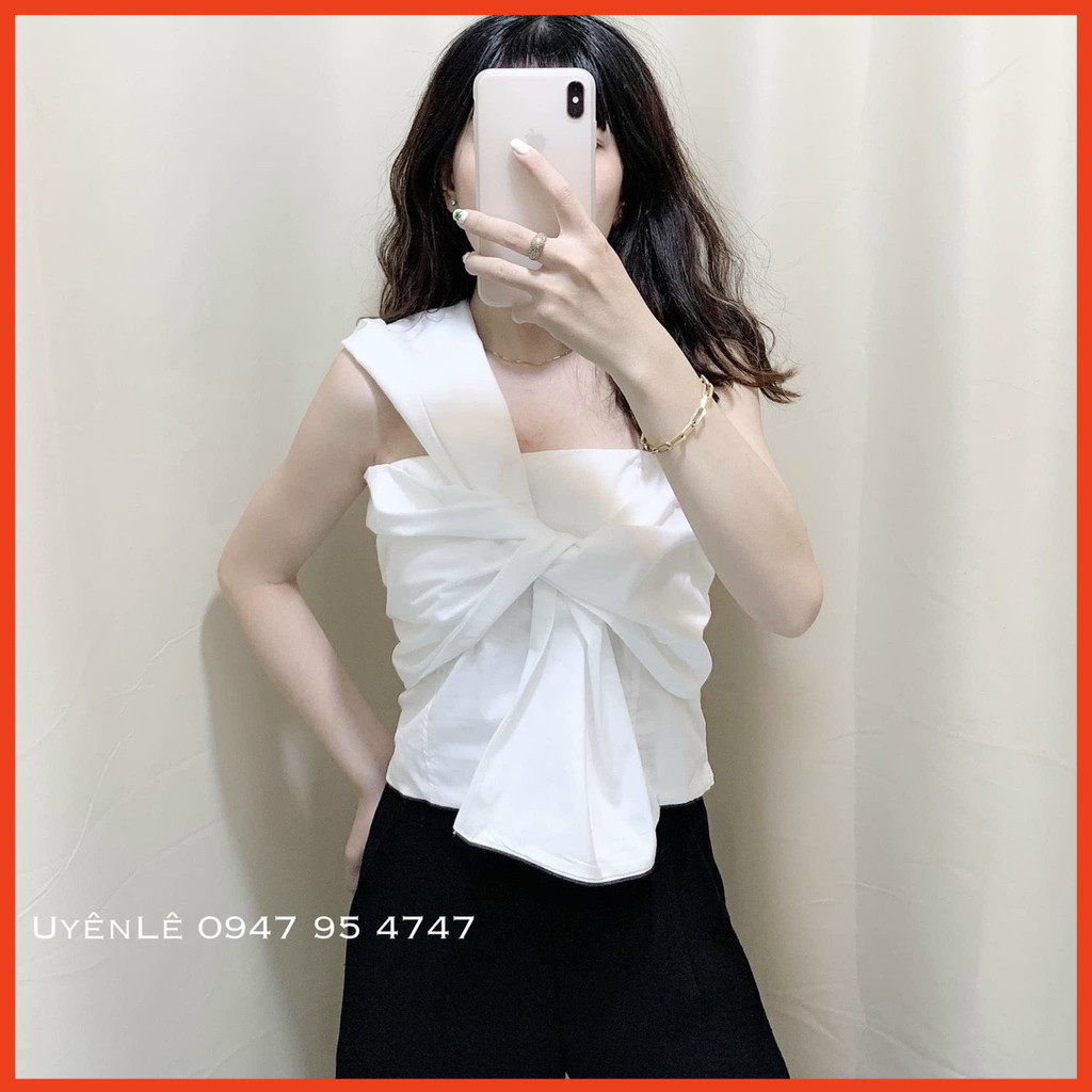 Áo nơ bắt chéo chất kate Nhật mềm mịn, dày dặn phpng cách độc lạ