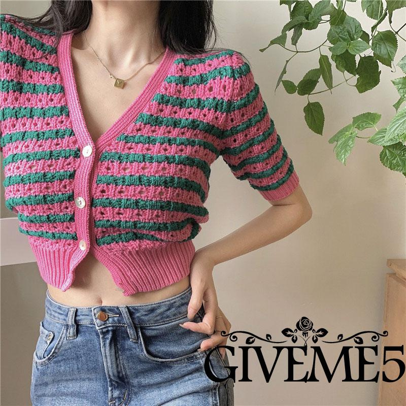 Áo Cardigan Tay Ngắn Cổ Chữ V Cài Nút Họa Tiết Kẻ Sọc Thanh Lịch Cho Nữ