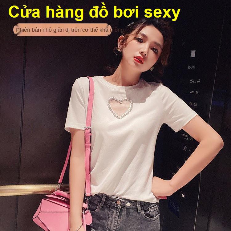 2021 mới thời trang mùa hè trắng được gia công cẩn thận rỗng sexy nghiệp nặng tay ngắn tình yêu kim cương Áo thun