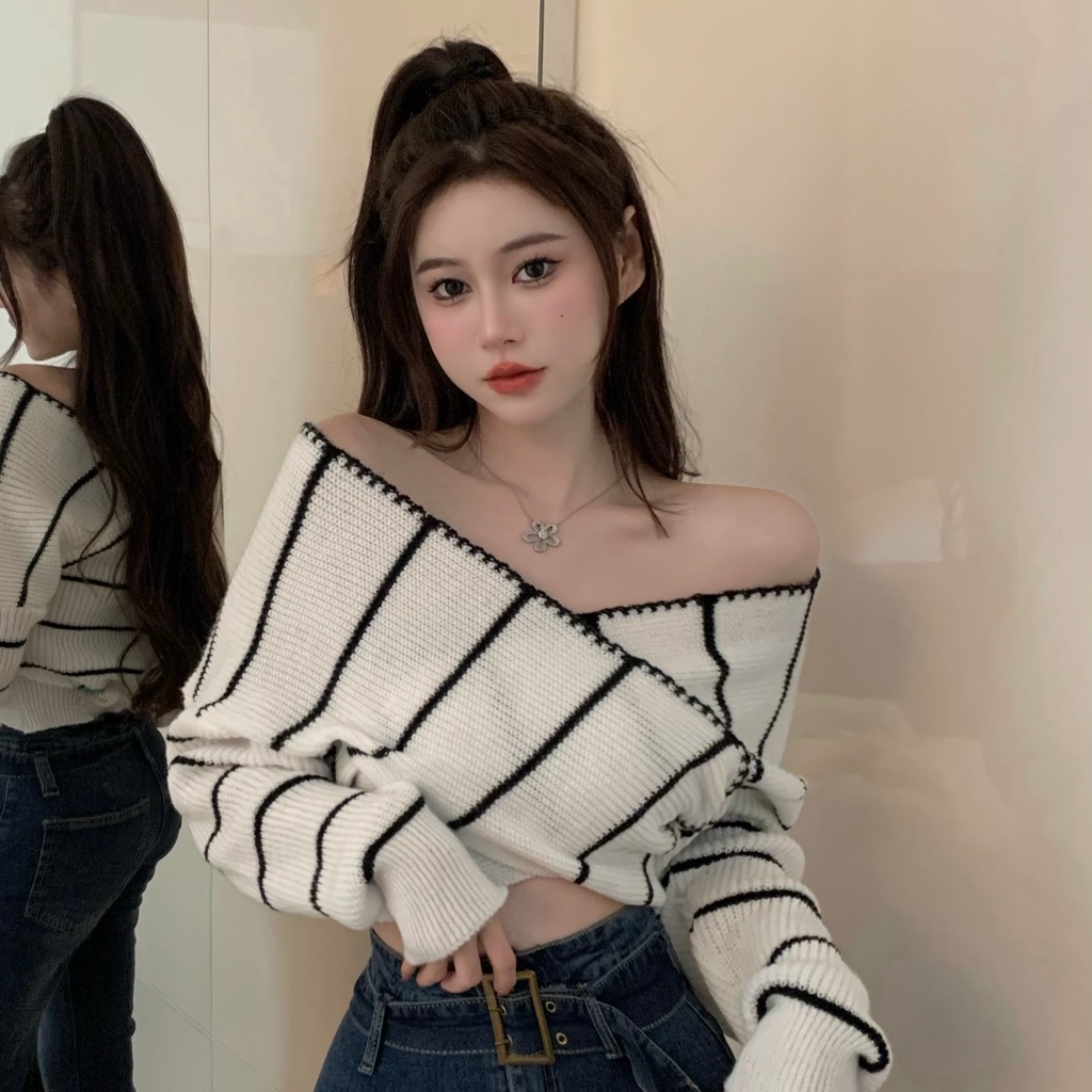 QADCOL  Áo sweater Dệt Kim Trễ Vai Dáng Ngắn Thời Trang Mùa Thu Quyến Rũ Cho Nữ