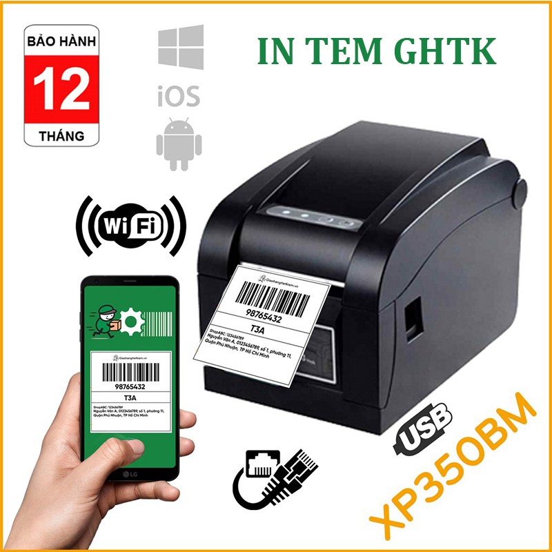 Máy in Xprinter XP350BM LAN in đơn hàng GHTK bằng điện thoại in tem nhãn Minicode và phiếu giao hàng TMĐT XP 350BM
