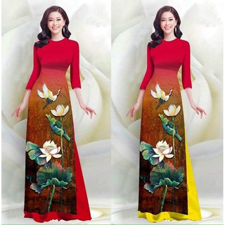 SÉT ÁO DÀI LỤA TRUYỀN THỐNG IN HOA SEN & CHIM CÒ