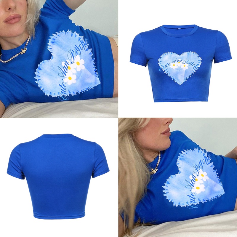 Áo Thun Croptop Tay Ngắn Cổ Tròn In Họa Tiết Trái Tim Phối Màu Tương Phản Phong Cách Harajuku Thời Trang Mùa Hè Cho Nữ
