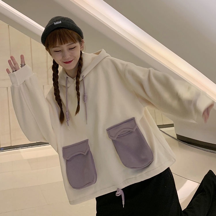 Áo hoodie tay dài dáng rộng phối lông màu sắc thời trang cho nữ