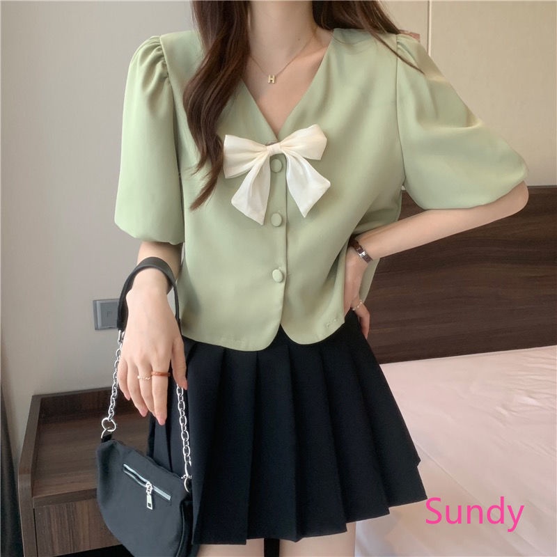 Áo Sơ Mi Voan Tay Bồng Thắt Nơ Xinh Xắn Phong Cách Pháp Cho Bạn Gái